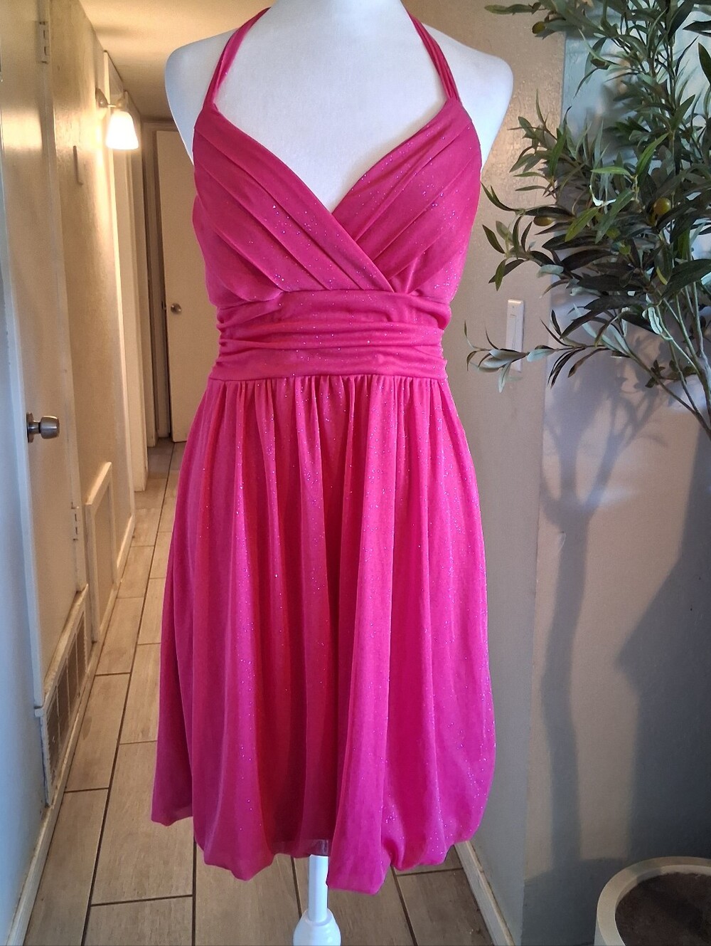 Trixxi Fucsia Glitter Mini Dress Halter Women   Padded XL Babydoll Fairy Whimsy